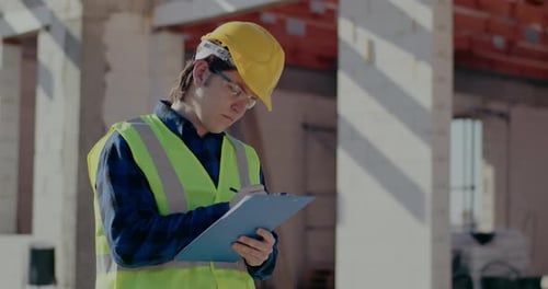 Young Male Construction Worker Writing on Clipboard