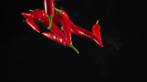 Red Chili Peppers Flying Through Fire on Black Background