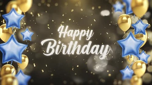 Happy Birthday Greeting Animation with Golden Balloons and Confetti