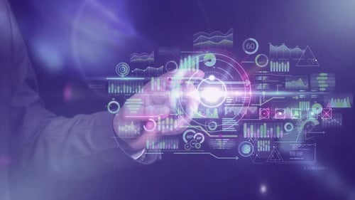 Businessman Works With Data Array Virtual Infographics 4K