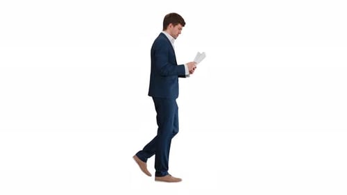 Man Walking and Reading Documents on White Background