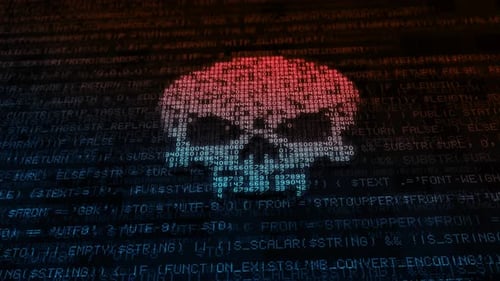 Digital Skull Animation Formed by Scrolling Code and Data