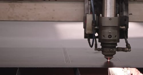 Modern Technological Cnc Cutting Power Action on Metallic Horizontal Ironwork Object Hot Gas