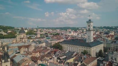 Aerial Drone Video of European City Lviv, Ukraine. Rynok Square, Central Town Hall, Dominican Church