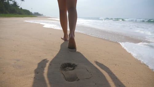Female Feet Walking on Golden Sand at the Beach with Ocean Waves at Background. Legs of Young Woman