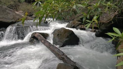 Slow motion shot of water from waterfall or river flowing in speed