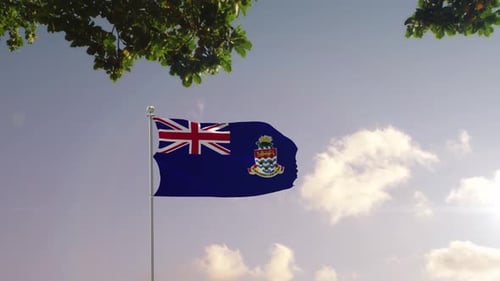 Cayman Islands Flag Waving in Wind with City Background