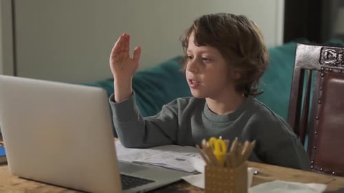 Boy Raising Hand During Online Lesson on Laptop