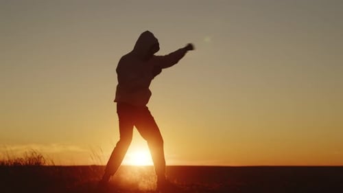 Silhouette of Boxer Throwing Punches in Sunset