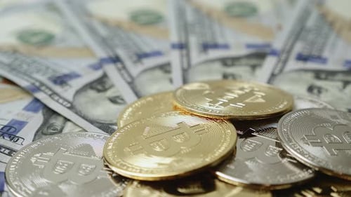 Bitcoins on US Currency, Close Up