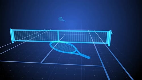 High tech holographic 3D animation of tennis game. Futuristic rackets hit ball across hologram court