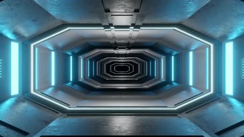 Futuristic Octagonal Tunnel Flythrough with Neon Blue Lights