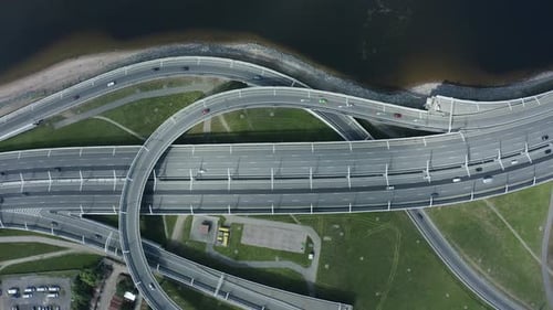 Over Aerial View of Highway with Cars Interchange Road Urban Junction Freeway Traffic