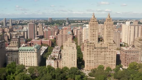 Flight Along Beautiful New York City Street at Central Park on Sunny Summer Day