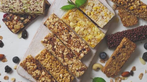 Various Kinds of Protein Granola Bars with Dry Fruits and Berries