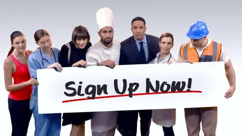 Various professional holding placard of sign up now text