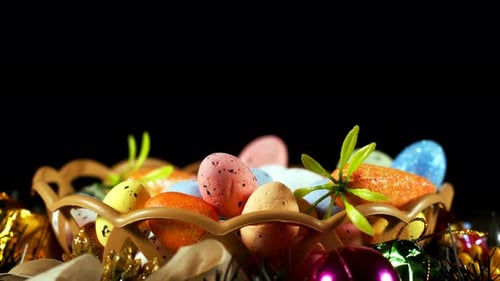 Colorful Easter Eggs in Basket with Festive Decorations