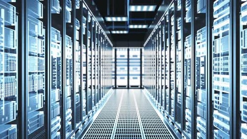 Camera Moves Through Big Working Data Center with Server Racks and Glass Ceiling