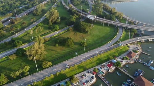 Aerial view car traffic at highway near sea coastal