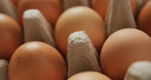 Video of close up of brown eggs in egg carton background