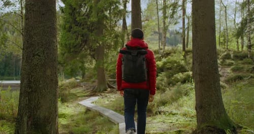 Travel Blogger Man with Backpack Hike in Forest