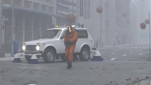 A Man in a Biohazard Suit Dance in the City with a Flying Coronavirus