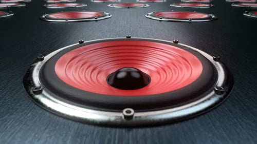 A lot of Audio Speakers with Red Membranes Playing Modern Music Synchronously
