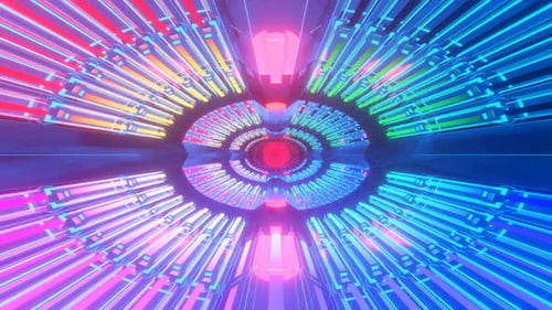 Vj reflected in the mirror surface. Glowing neon tunnel.