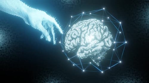 Digital Brain Network Connects with Pixelated Hand AI Concept