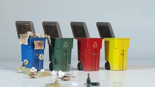 Animated Recycling Process with Four Color-Coded Bins