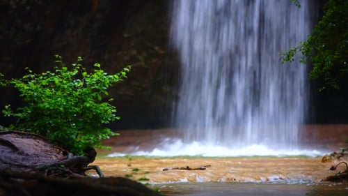 Small Waterfall Falling Down In Wild Forest