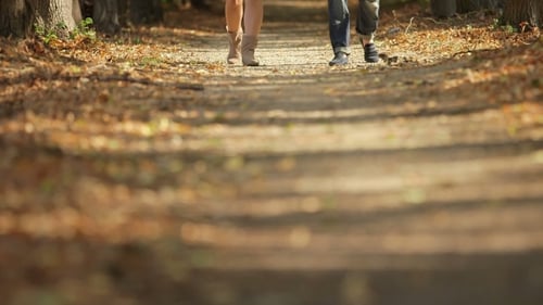 Frau und Mann gehen im Herbst auf dem Fußweg