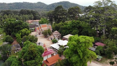 Classic Buddhist Temple Between Forest. From Above Drone View Classic Buddhist Monastery Between