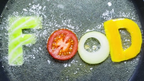 Food Ingredients Spelling Word in Hot Oil Pan