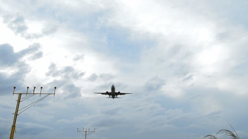 Airplane Taking off Flying Directly Overhead on Cloudy Day