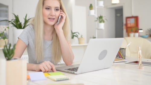Phone Call at Work, Female Designer in Her Creative Office