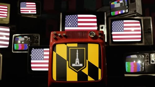 Retro TVs Showing American and Maryland Flags