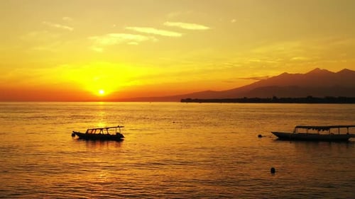 Aerial above scenery of marine coast beach trip by aqua blue water and white sand background of a da