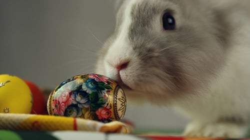 Rabbit Sniffs a Colorful Easter Egg