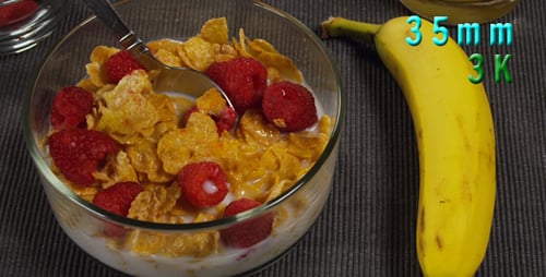 Breakfast Scene Top View Cereal Raspberry Banana