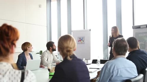 Woman Giving Presentation to Coworkers in a Modern Office