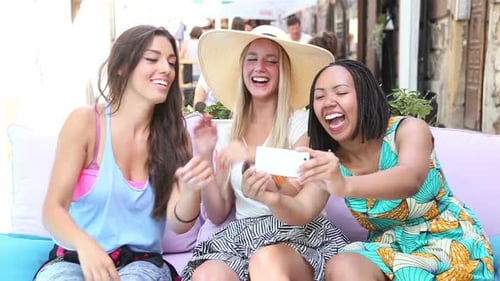 Beautiful Young Women Having Fun Taking Selfies In Town 5