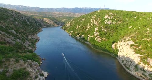 Aerial View Of A Motor Boat Speeding On Zrmanja River, Croatia 3