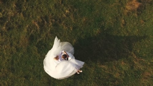 Aerial View of Couple Dancing on Grassy Field