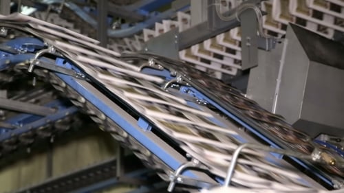 Les journaux circulent le long d'une chaîne de montage dans une usine