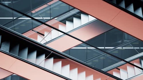 Animation of modern escalators made of glass and steel. Stairway. Seamless loop.