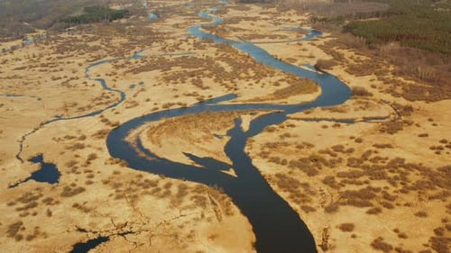 Aerial View Of Dry Grass Curved River Landscape In Late Autumn Day