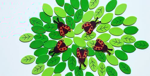 Assembling Abstract Green Leaf Pattern on White Background