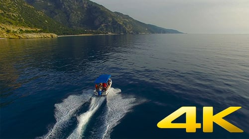 Motorboat Cruising on the Blue Sea, Aerial View