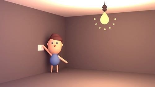 Criança dos desenhos animados 3D brincando com interruptor de luz